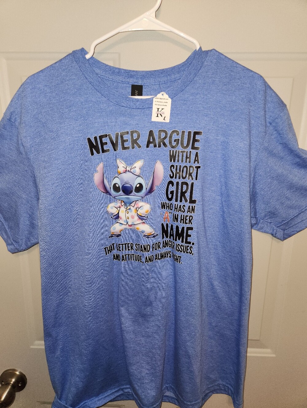Ladies Blue Graphic Tee with Stitch Character and Quote